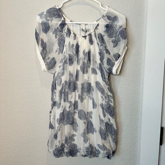 Elena Baldi Made in Italy 100% Silk White Blue Floral Blouse - Size L - EUC - Picture 1 of 7